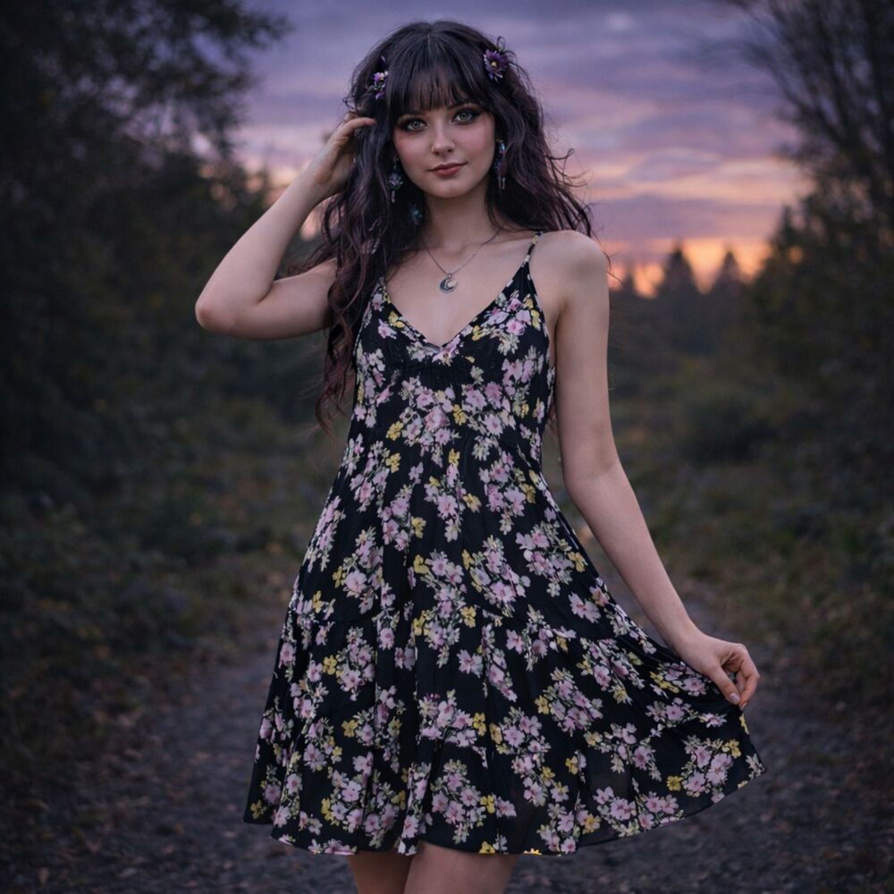 Wild Fable Dark Floral Babydoll Dress M Black Tiered Wimsigoth Fairy Grunge Y2K
